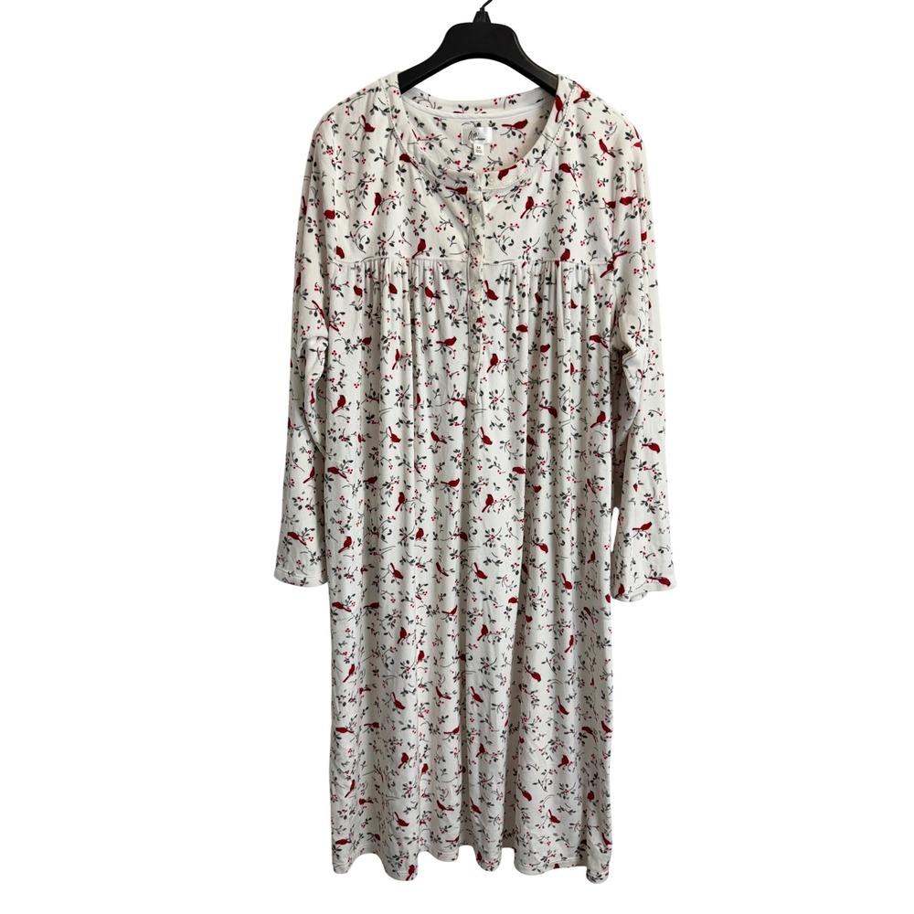 Aria Collection Women 3X Nightgown Fleece Red Cardinal Bird Long Sleeve Pockets